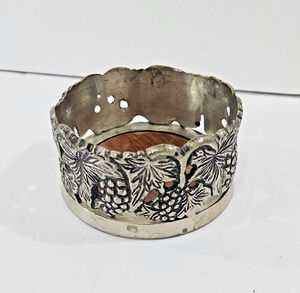 Vintage Silver Metal Wine Champagne Bottle Holder Coaster Wood Bottom Grapes MCM